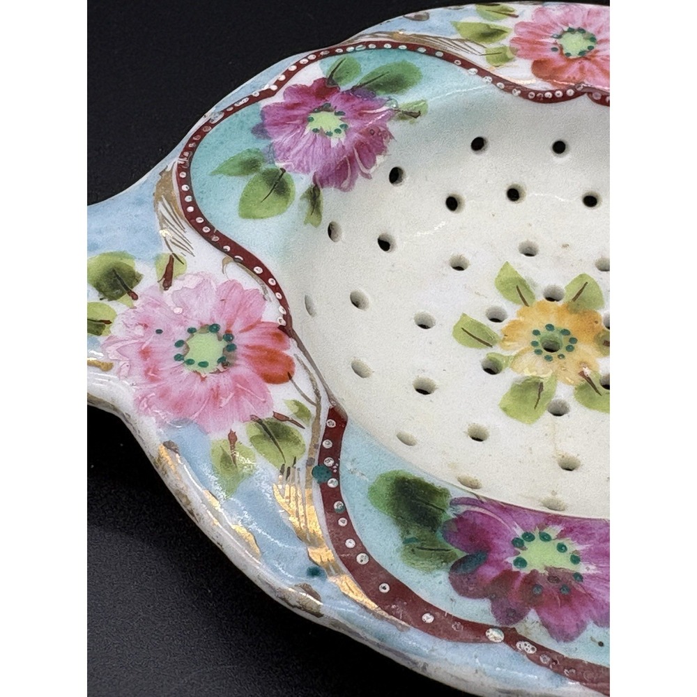 Antique Hand Painted Porcelain Tea Strainer Vibrant Pink Roses Gold Moriage Trim - Picture 5 of 8